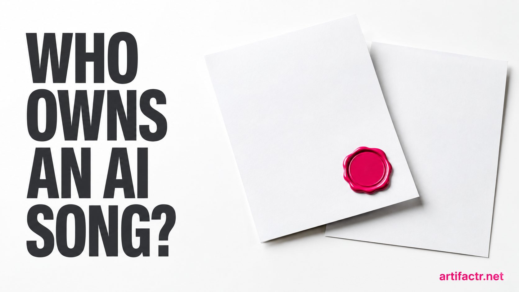 Two overlapping documents on a white background, one stamped with a pink licence seal and one left blank, representing the gap between the right to sell AI music and the right to own it