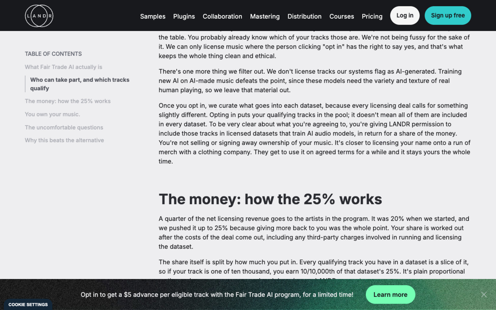 Screenshot of LANDR's Fair Trade AI artist-hub page showing two passages: a paragraph reading there is one more thing we filter out, we don't license tracks our systems flag as AI-generated, training new AI on AI-made music defeats the point since these models need the variety and texture of real human playing, so we leave that material out; and the heading The money: how the 25% works above a paragraph reading a quarter of the net licensing revenue goes to the artists in the program, it was 20% when we started and we pushed it up to 25%