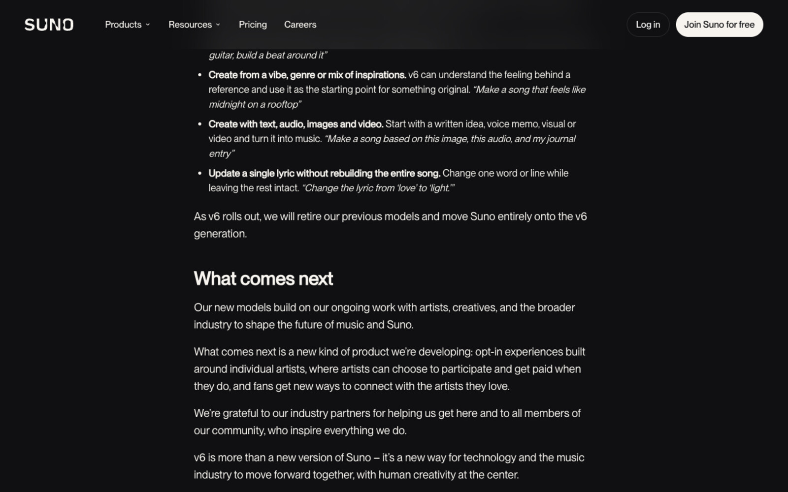 Screenshot of Suno's Introducing v6 blog post, scrolled to the What comes next section, reading: what comes next is a new kind of product we are developing, opt-in experiences built around individual artists, where artists can choose to participate and get paid when they do, and fans get new ways to connect with the artists they love