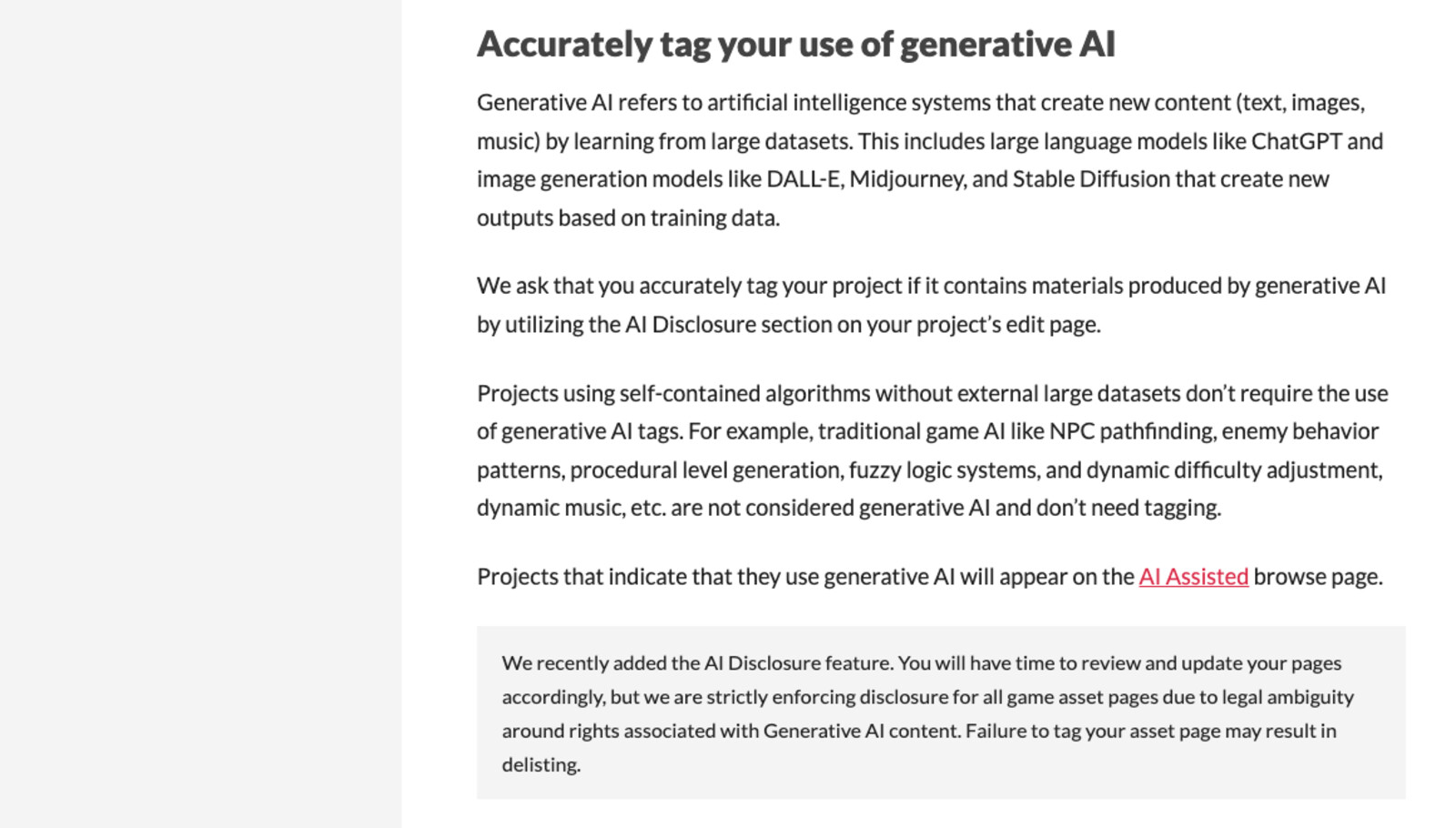 Screenshot of itch.io's content creator quality guidelines under the heading Accurately tag your use of generative AI, including the callout stating that itch.io is strictly enforcing disclosure for all game asset pages due to legal ambiguity around rights associated with Generative AI content, and that failure to tag your asset page may result in delisting
