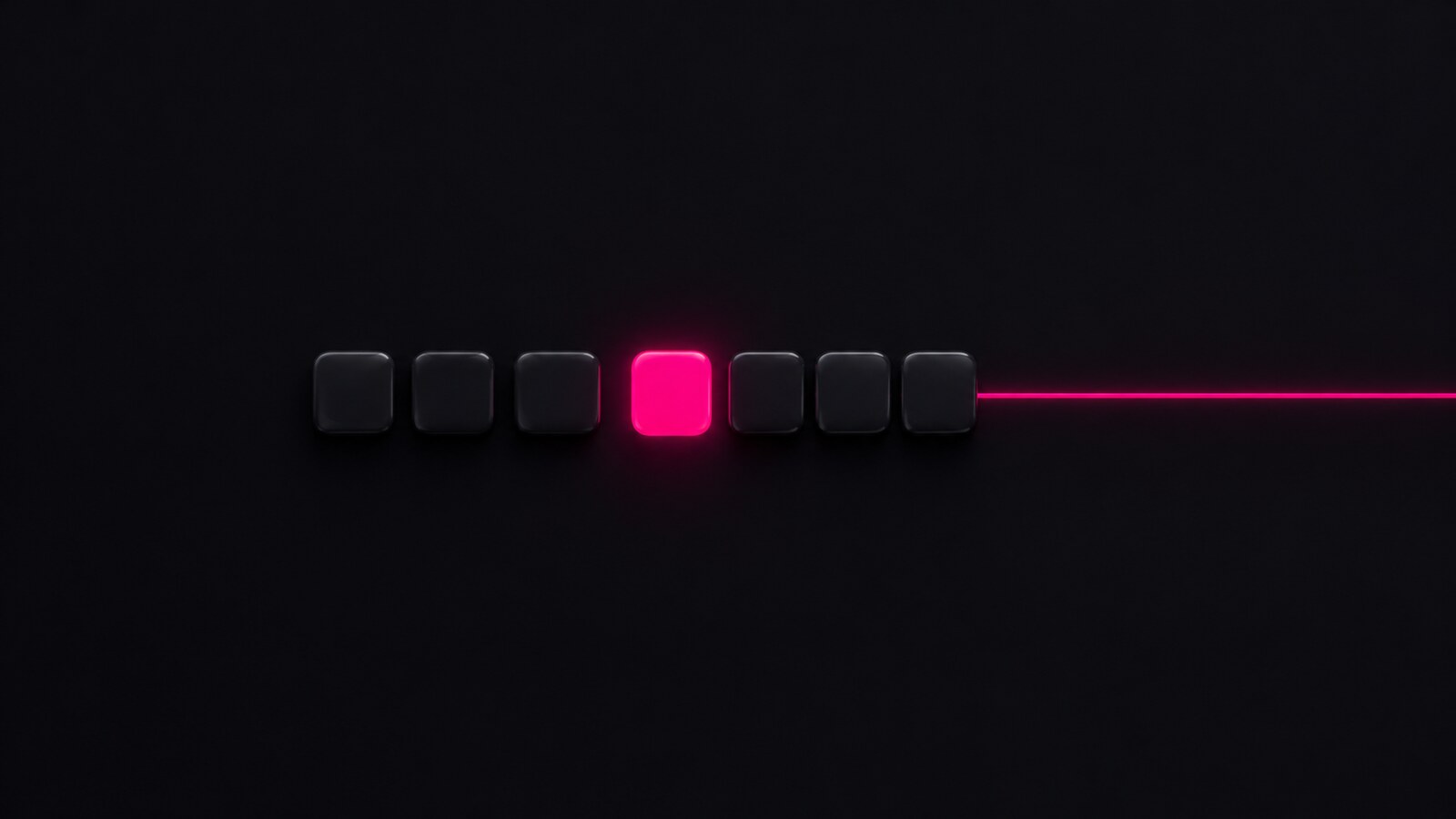 Minimal dark render of a row of eight small identical charcoal rounded tiles on a near-black surface, one of them glowing vivid hot pink with a thin pink line running from it to the right edge of the frame