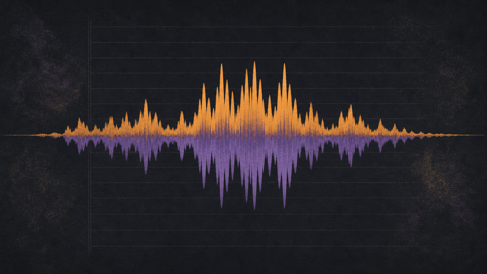 Two audio waveforms mirrored on a dark charcoal surface, one amber and one violet, their peaks coinciding through the centre over faint ruled document lines