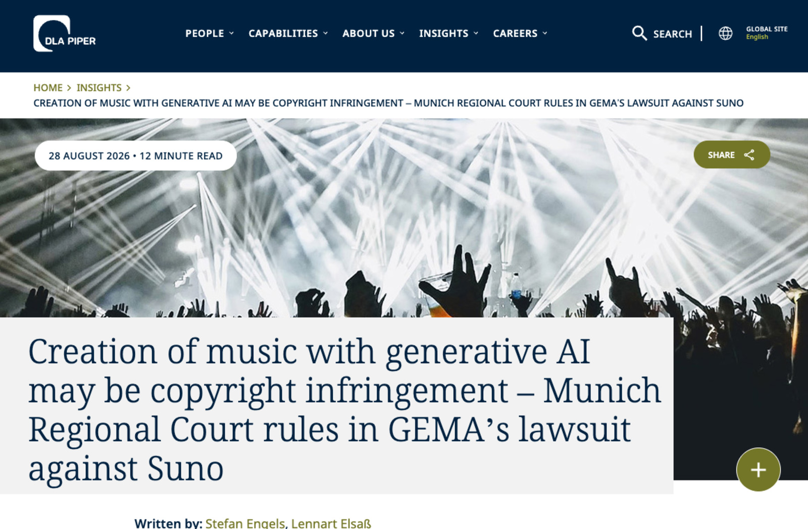 Screenshot of the DLA Piper insight headlined Creation of music with generative AI may be copyright infringement, Munich Regional Court rules in GEMA's lawsuit against Suno, dated 28 August 2026