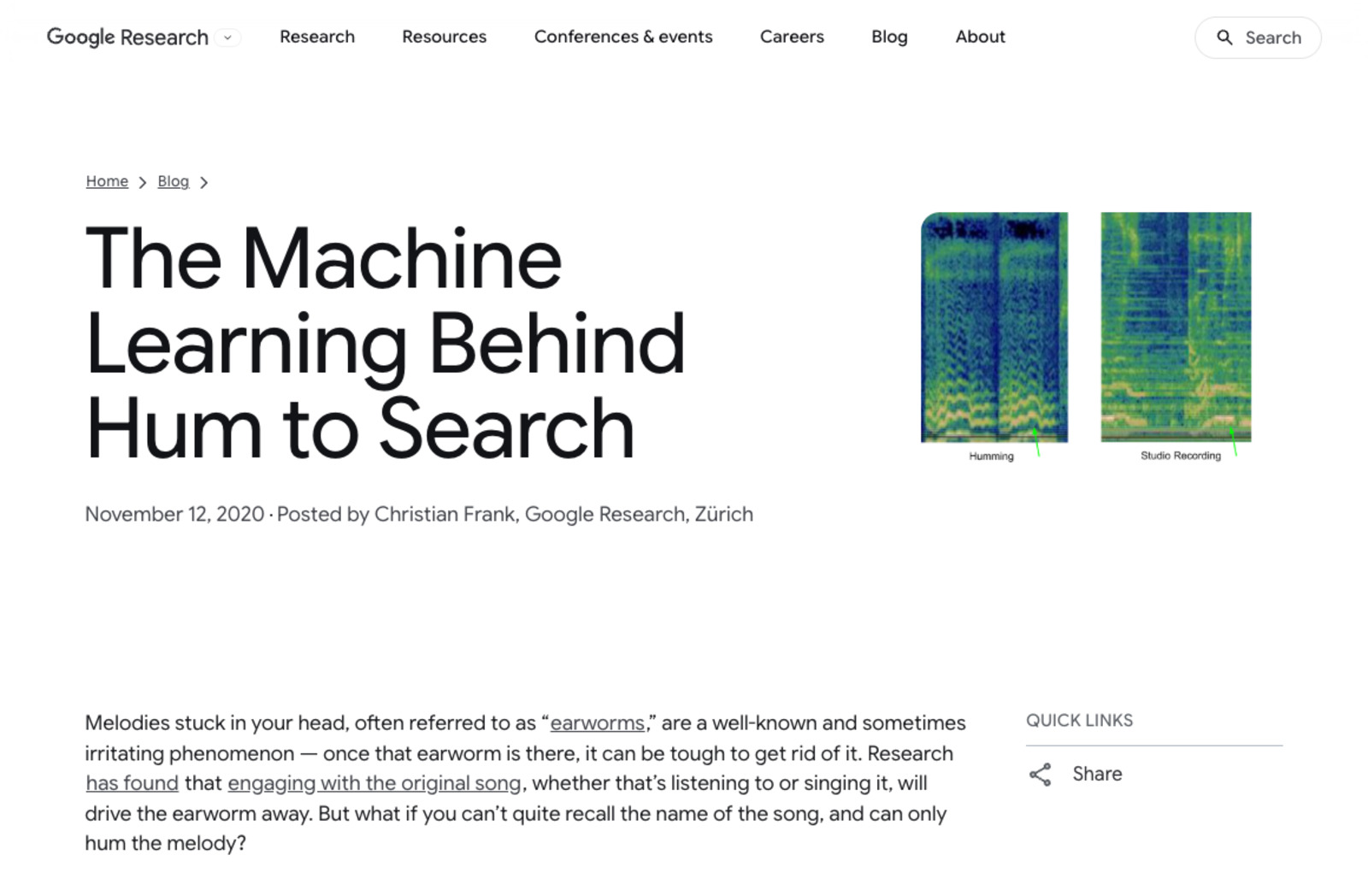 Screenshot of the Google Research blog post titled The Machine Learning Behind Hum to Search, describing how audio is converted into a number-based sequence representing the melody
