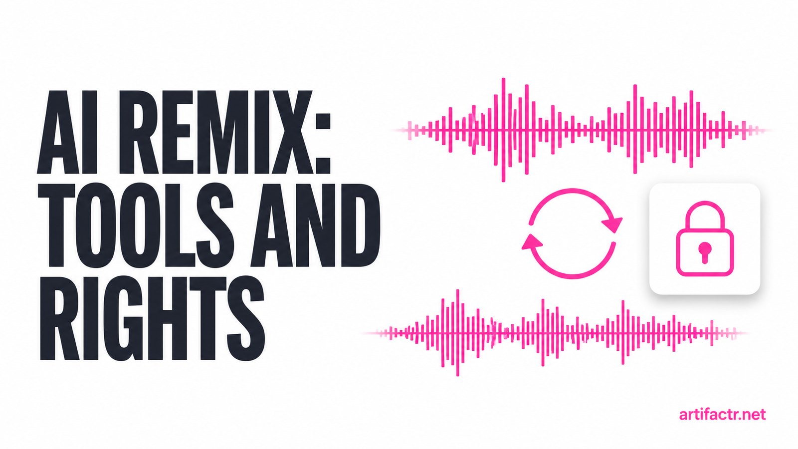 Two audio waveforms with a circular arrow between them beside a padlock icon, representing AI remixing and the rights clearance it still needs