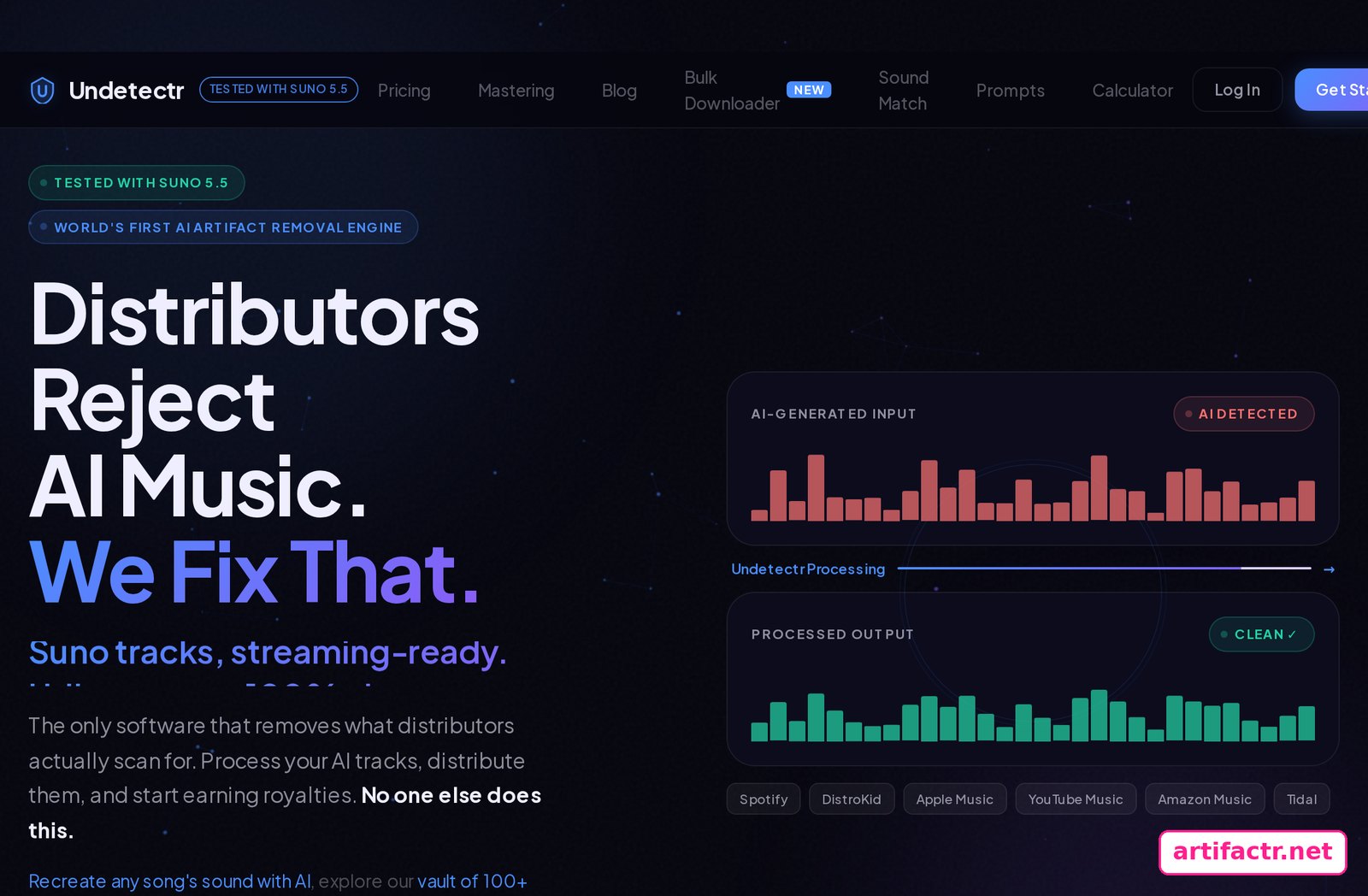 Undetectr homepage contrasting an AI-detected audio input against a clean processed output, illustrating artifact removal rather than vocal separation