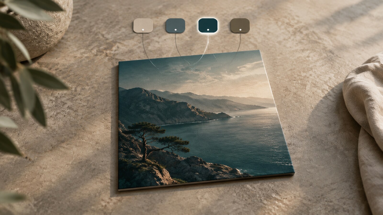A square album cover lying flat on a warm stone surface with four small tag chips floating above it in a row, one of them highlighted, each joined to the cover by a thin line, representing Apple's four AI transparency tag values