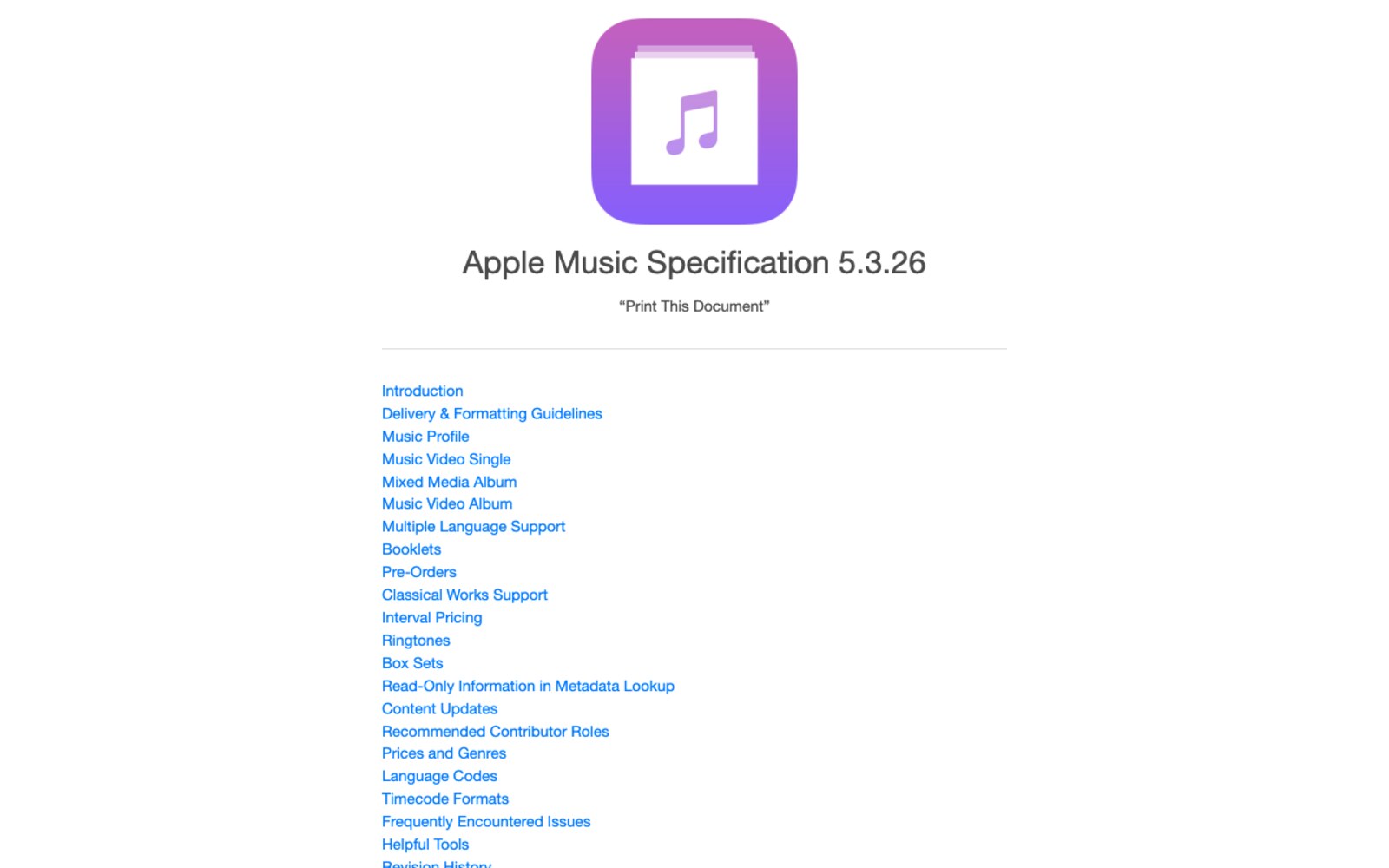 Screenshot of the Apple Music Specification 5.3.26 contents page on help.apple.com listing Delivery and Formatting Guidelines, Music Profile, Content Updates and the other specification sections