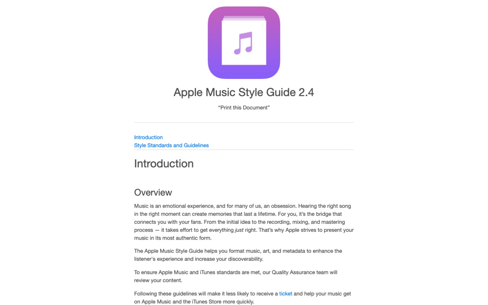 Screenshot of the Apple Music Style Guide 2.4 introduction on help.apple.com, the separate document that carries the AI Visual Integrity requirement for artwork