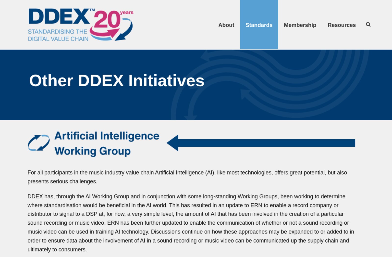Screenshot of the Other DDEX Initiatives page showing the Artificial Intelligence Working Group section describing the ERN update that signals the amount of AI involved in the creation of a particular sound recording or music video