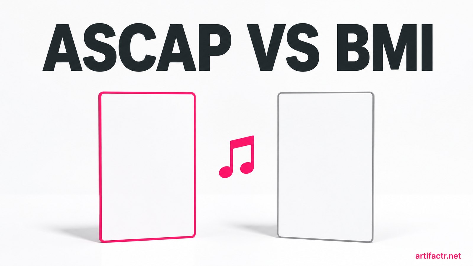 Two cards side by side, one edged in pink and one in grey, with a musical note between them, representing a choice between the ASCAP and BMI performing rights organisations