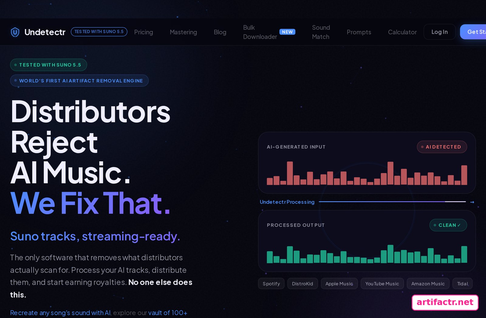 Undetectr homepage showing an AI-generated input flagged as AI Detected and the processed output marked Clean, with Spotify, DistroKid, Apple Music, YouTube Music, Amazon Music and Tidal listed