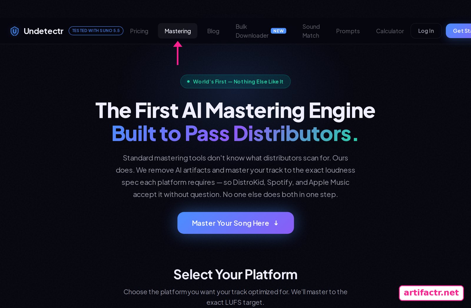 Undetectr mastering page describing artifact removal plus mastering to the exact loudness spec each platform requires