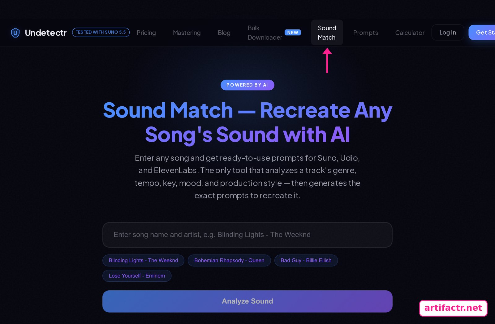 Undetectr Sound Match page, which analyses a track's genre, tempo, key, mood and production style