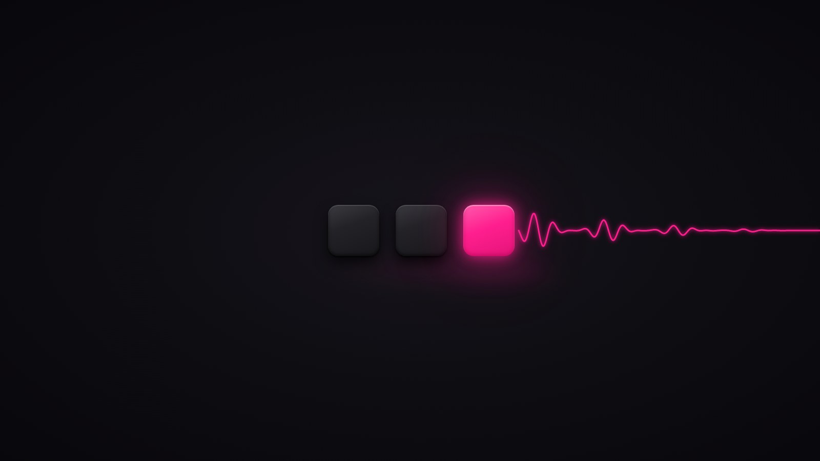 Minimal dark render of three identical rounded tiles in a row on a near-black surface; two are unlit charcoal and the third glows vivid hot pink, with a thin pink waveform running from it to the right edge of the frame