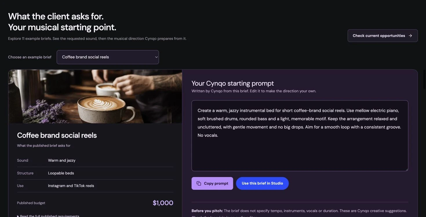 The coffee-brand example places the published request beside Cynqo’s editable starting prompt.