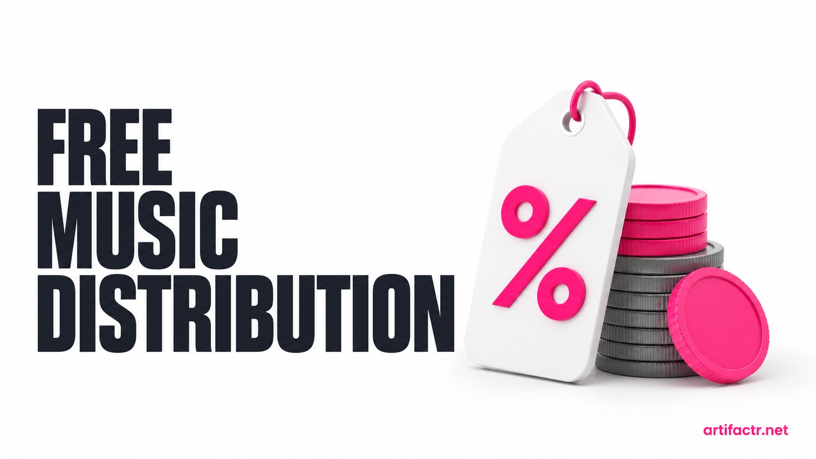 A price tag with a percentage symbol beside a stack of coins, representing free music distribution funded by a revenue share