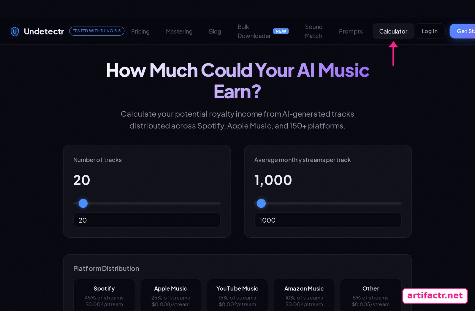 Undetectr AI music earnings calculator estimating royalty income across Spotify, Apple Music, YouTube Music and Amazon Music from track count and monthly streams