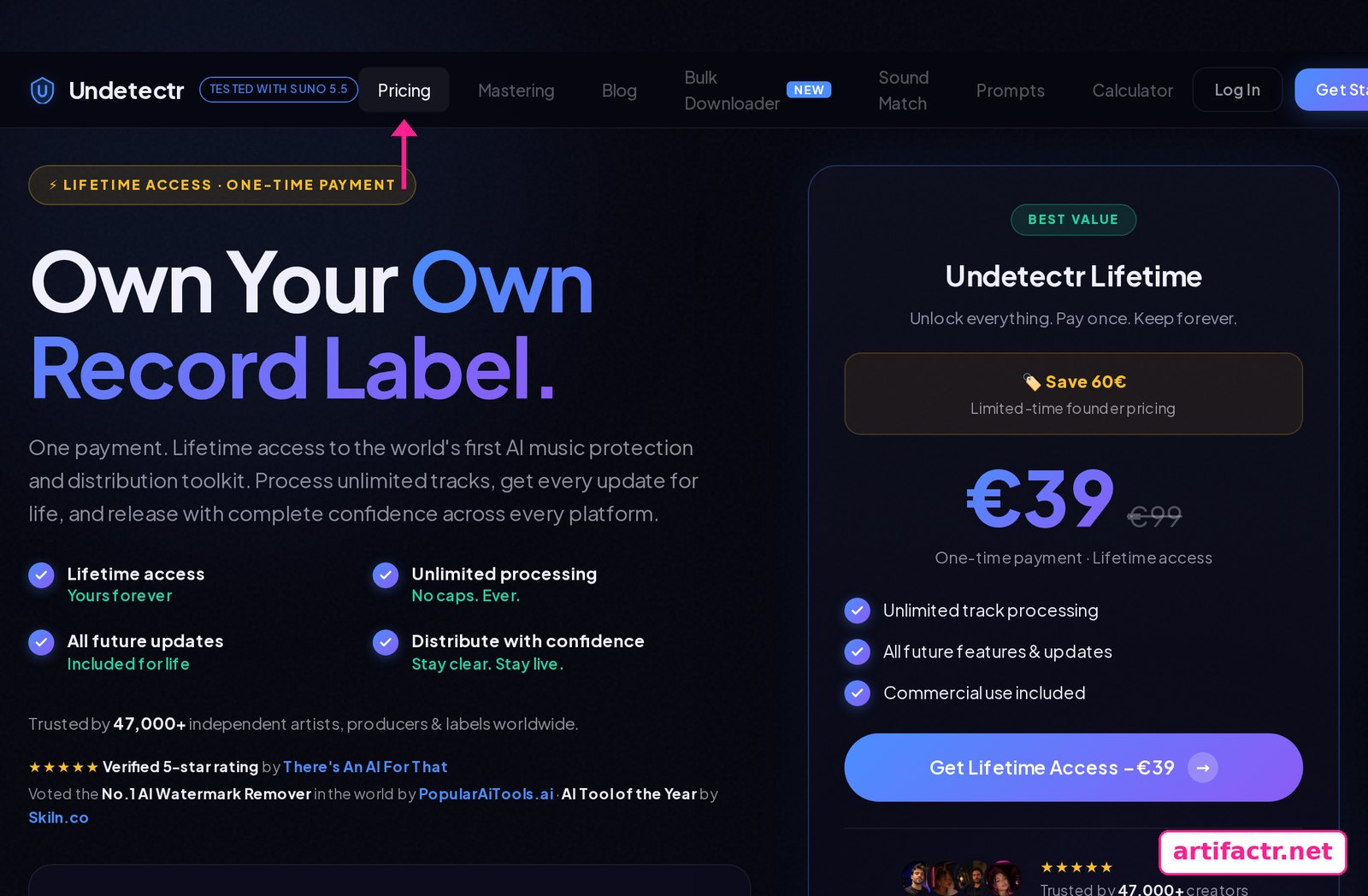 Undetectr pricing page showing the 39 euro one-time Lifetime tier with unlimited track processing and no subscription