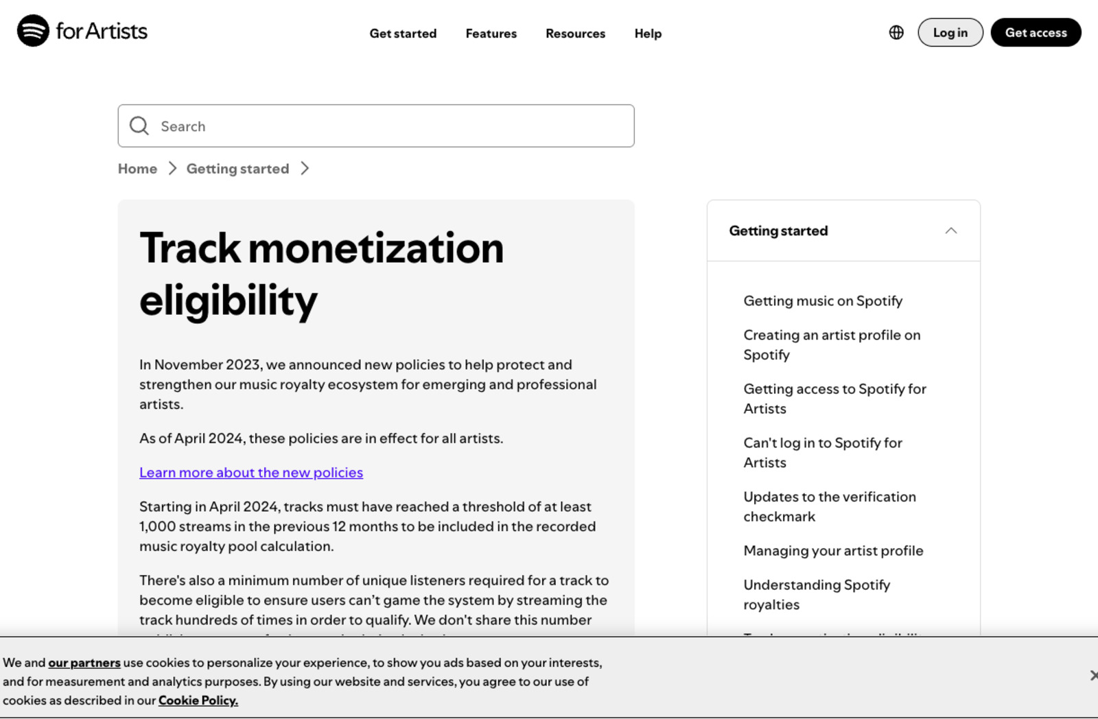 Screenshot of Spotify's Track monetization eligibility help page, showing the sentence that starting in April 2024 tracks must have reached a threshold of at least 1,000 streams in the previous 12 months to be included in the recorded music royalty pool calculation, and that a minimum number of unique listeners also applies but is not published