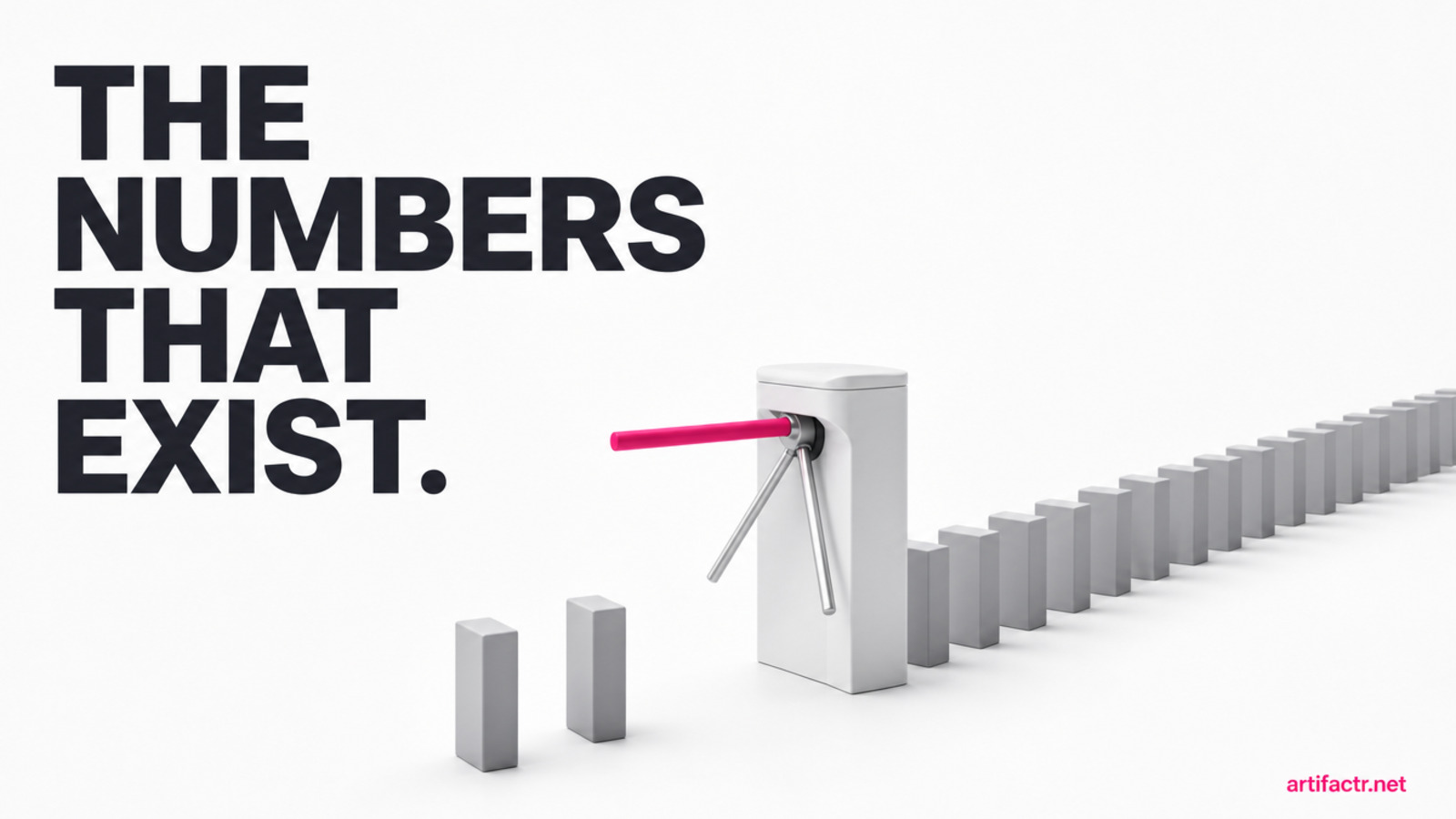 A single white turnstile gate with one hot pink arm standing on a white floor, a long queue of plain grey blocks waiting behind it and only two having passed through, under the headline The Numbers That Exist
