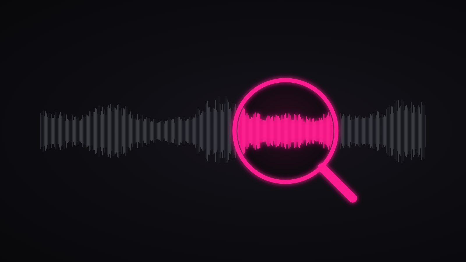 Grey audio waveform running across a near-black background, with a glowing hot pink magnifying glass over one section that turns the waveform inside the lens pink