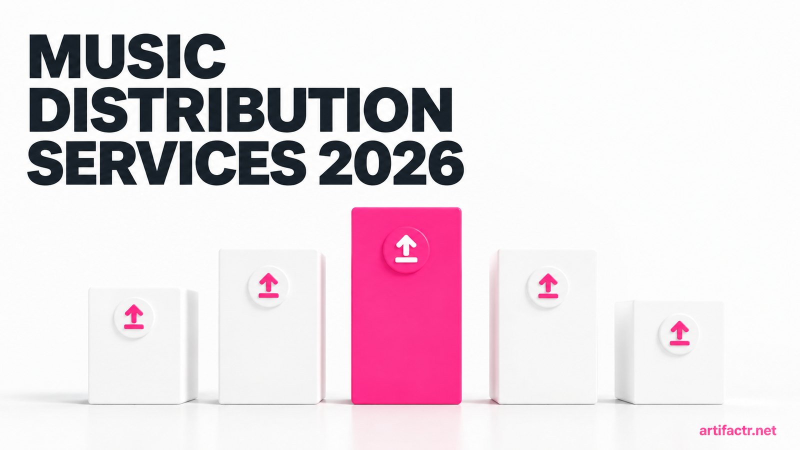 Five music distribution service blocks of differing heights with upload arrows, the tallest highlighted in pink, representing distributors ranked for AI music