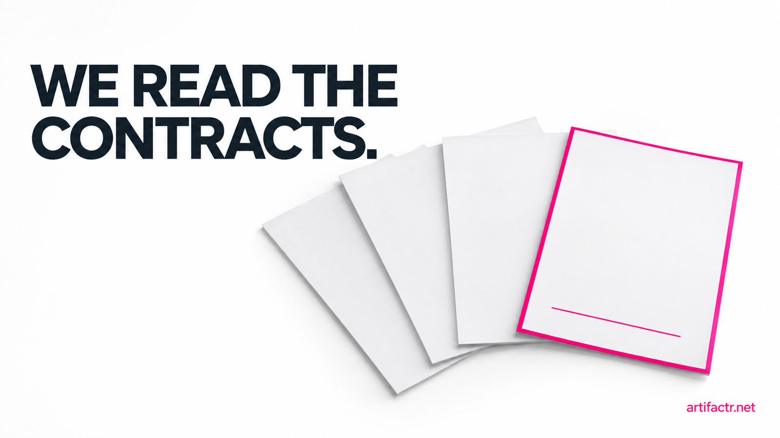 Four plain contract pages fanned flat on a white surface, one edged and underlined in hot pink while the other three stay grey, representing four distributor terms of service of which two carry AI training language