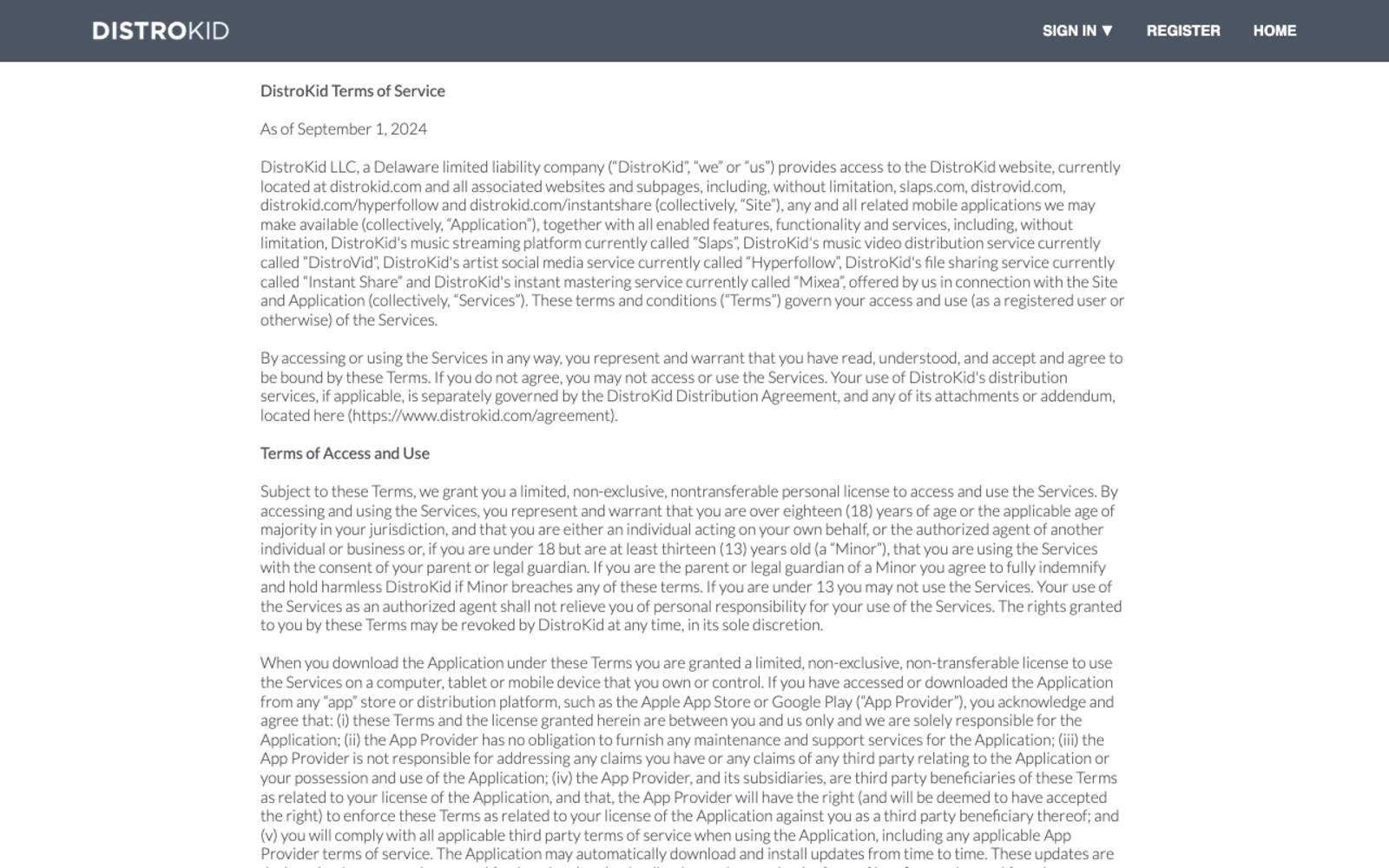 DistroKid Terms of Service page dated as of September 1, 2024, opening with the definitions of the Site, Application and Services and the Terms of Access and Use section