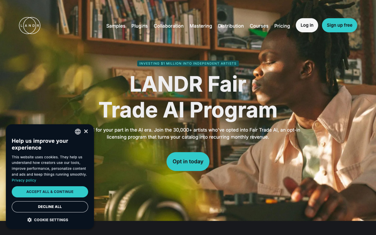 LANDR Fair Trade AI Program page headed Investing $1 million into independent artists, describing an opt-in licensing programme that more than 30,000 artists have joined, with an Opt in today button