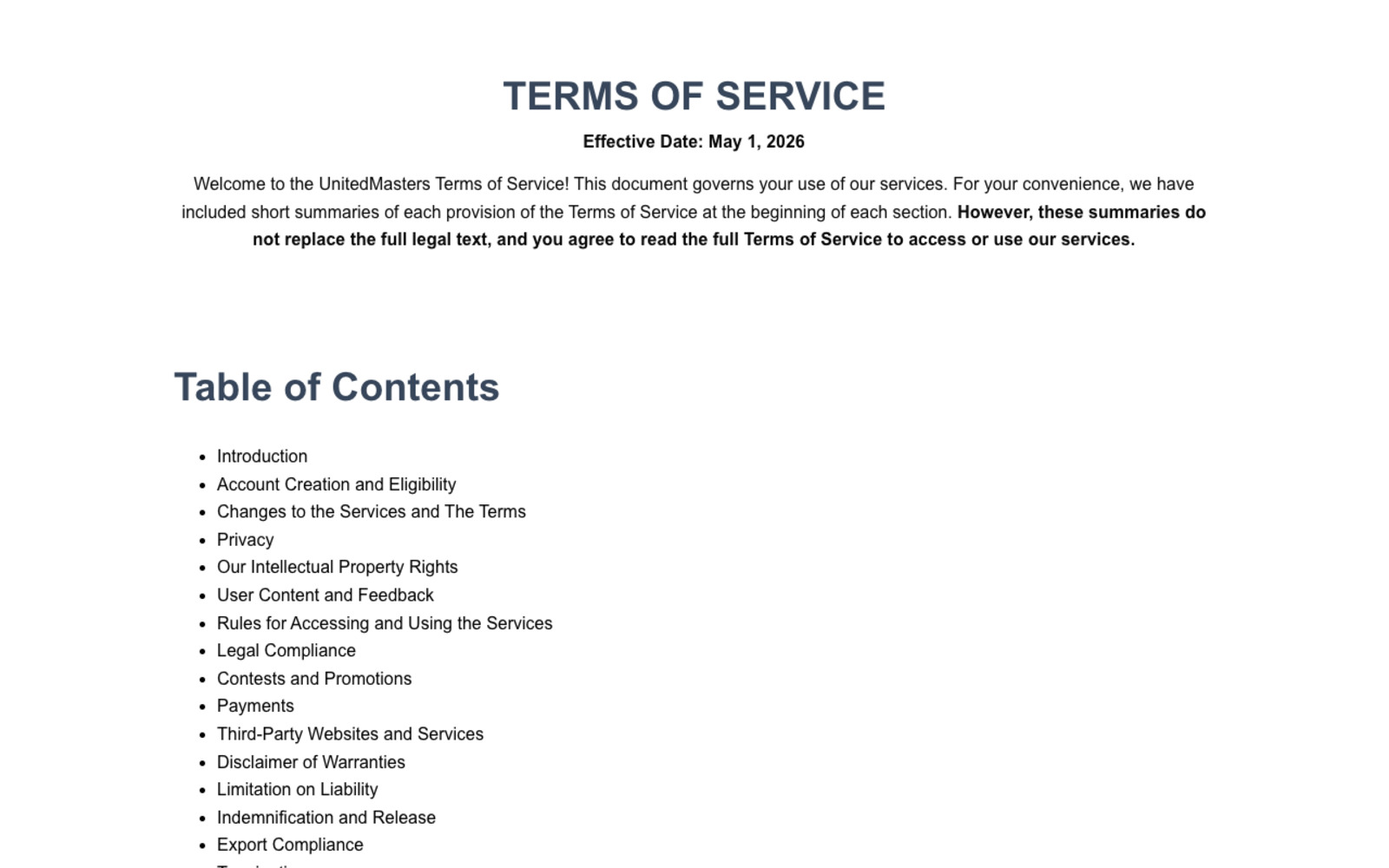 UnitedMasters Terms of Service page showing an effective date of May 1, 2026 and a table of contents listing sections including User Content and Feedback and Our Intellectual Property Rights
