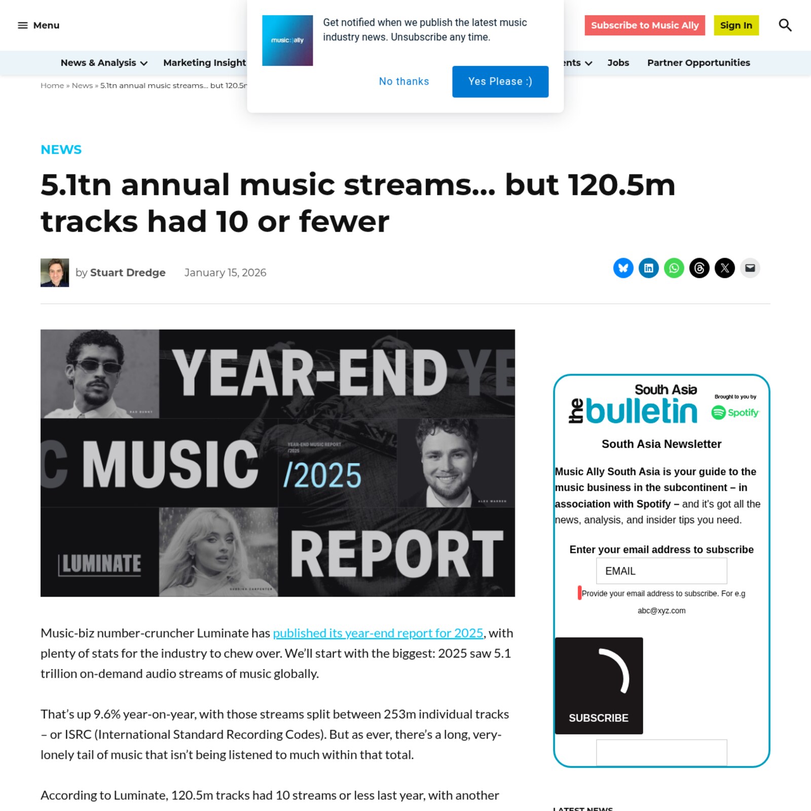Screenshot of the Music Ally article headlined 5.1tn annual music streams but 120.5m tracks had 10 or fewer, whose text states that 2025 saw 5.1 trillion on-demand audio streams split between 253 million individual tracks