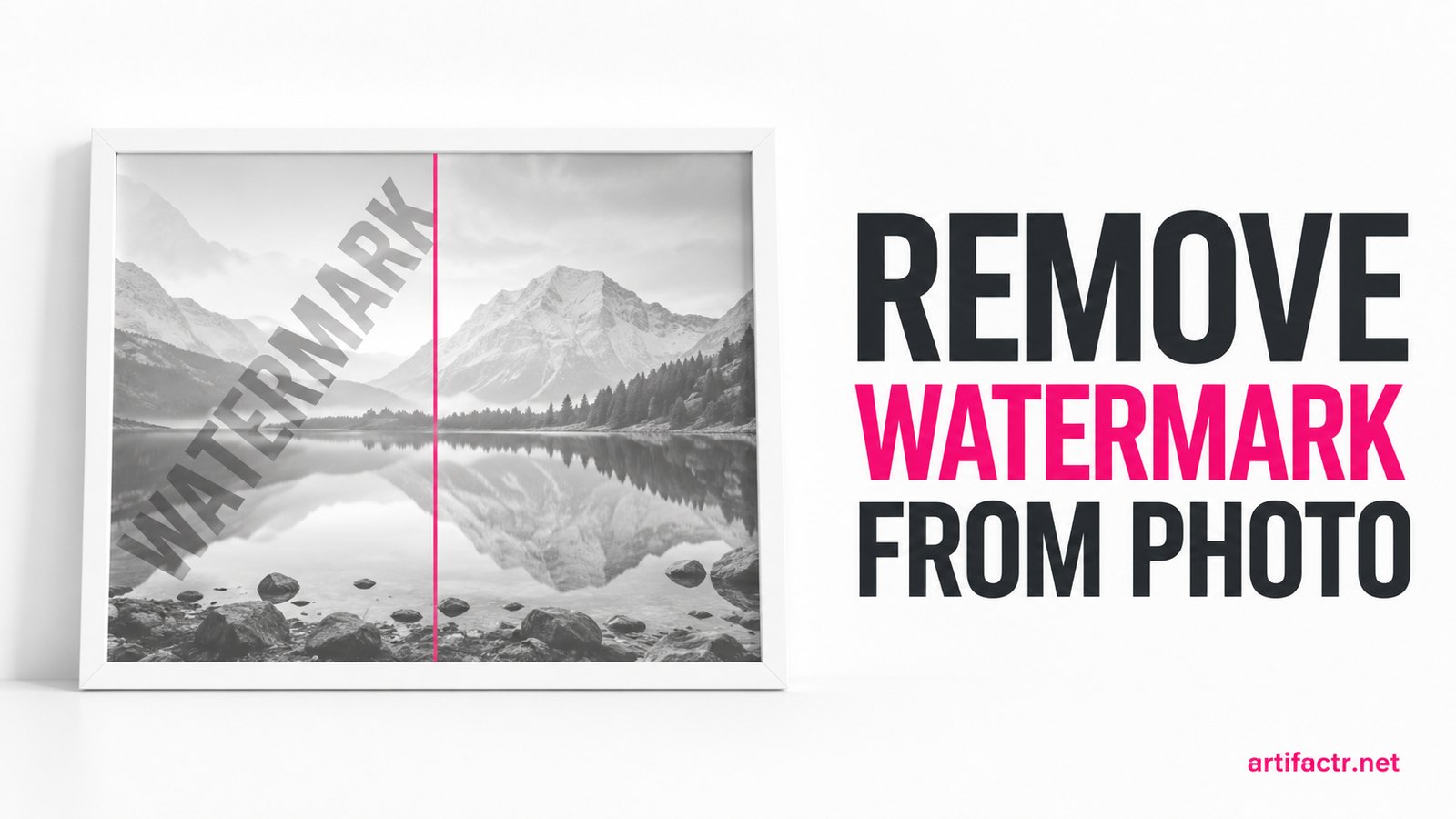 A framed landscape photograph split down the middle, watermarked on one side and cleanly restored on the other
