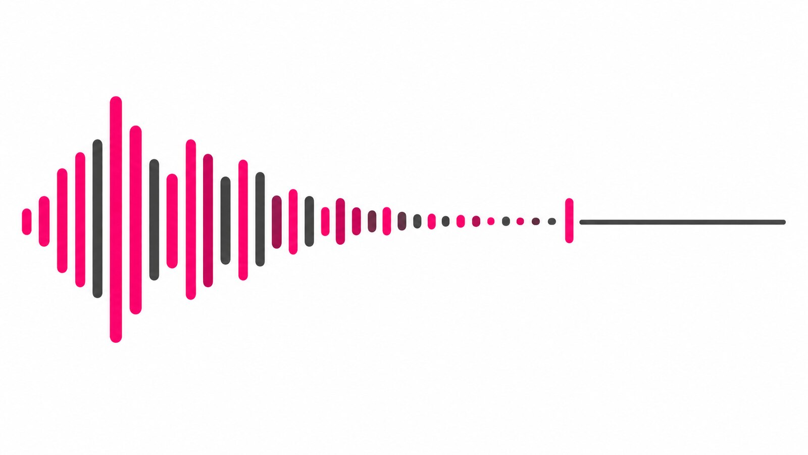 An abstract audio waveform drawn as vertical pink and charcoal bars, tall on the left and tapering to a single standing bar before flattening into a straight grey line on the right