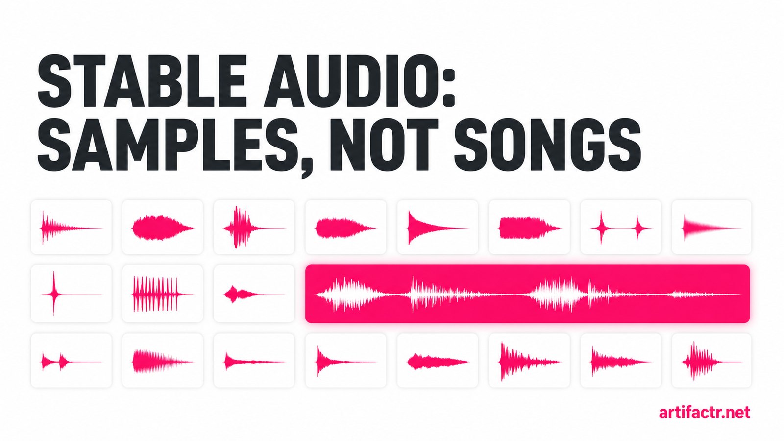A grid of short audio sample blocks with one longer track highlighted, representing Stable Audio's strength in samples and sound design