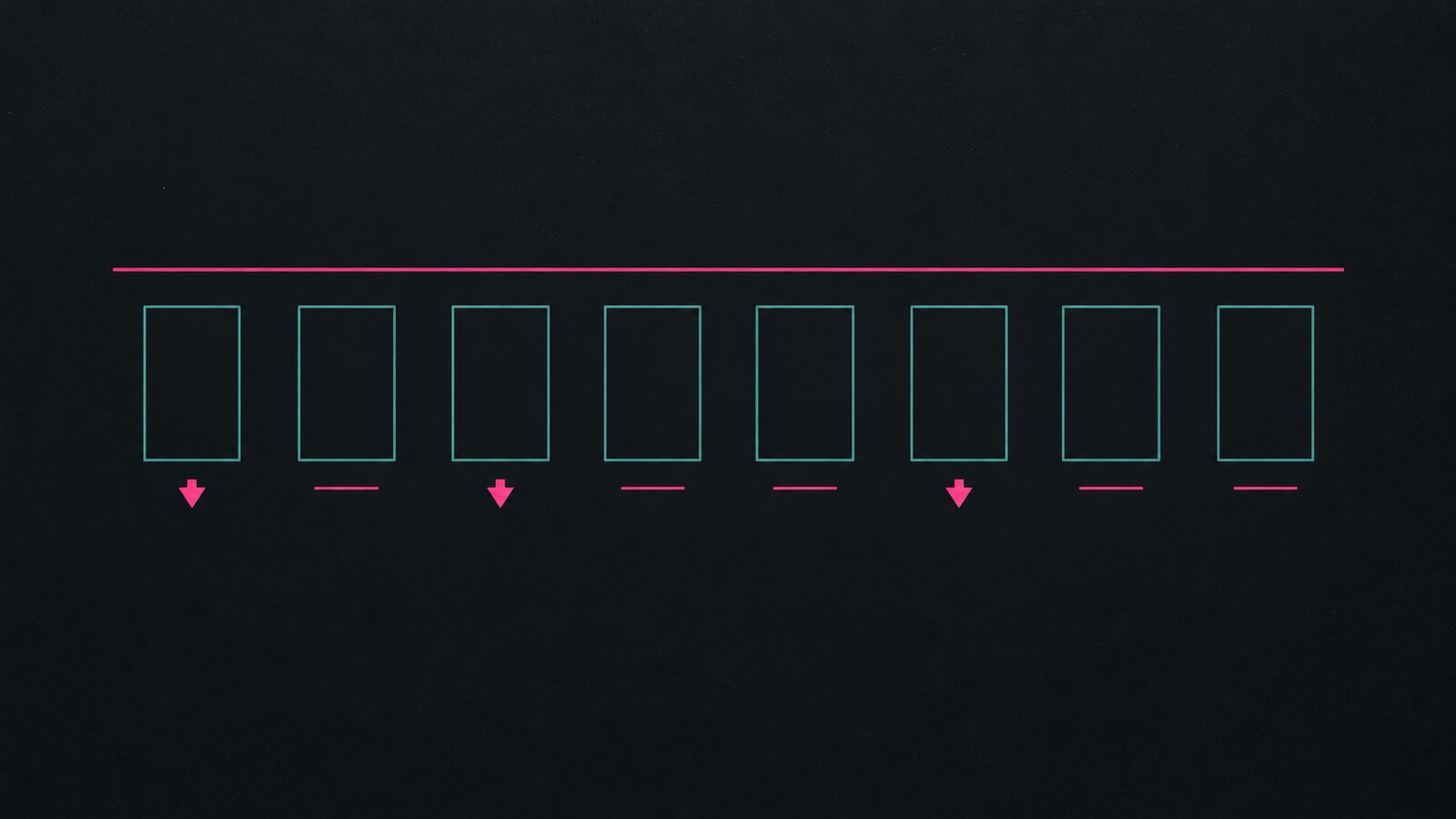 Flat vector illustration on a dark charcoal field: eight identical thin-outlined teal cards standing in a row beneath a single hot pink horizontal rule, three of them with a solid pink downward arrow below and the other five with a short pink line struck through where that arrow would be