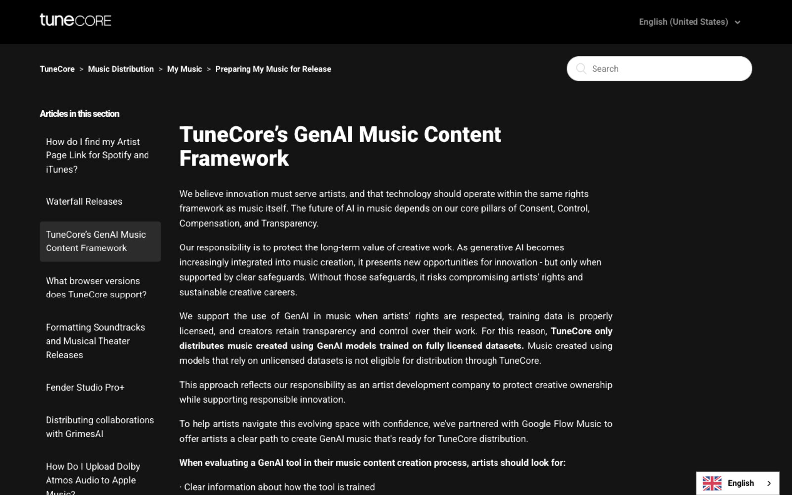 Screenshot of TuneCore's support article headed TuneCore's GenAI Music Content Framework, with the bolded sentence stating that TuneCore only distributes music created using GenAI models trained on fully licensed datasets, and that music created using models that rely on unlicensed datasets is not eligible for distribution through TuneCore