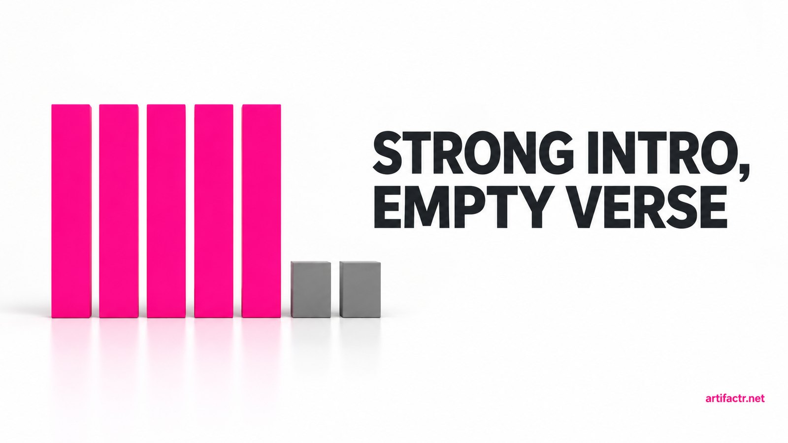 Five full-height pink bars collapsing into two short grey bars, representing a Suno arrangement that thins out the moment the vocal enters