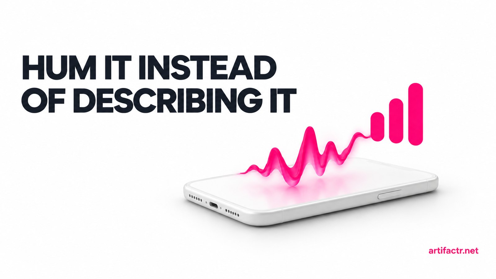 A phone with a pink sound wave rising from it and resolving into neat bars, representing a hummed melody becoming a finished arrangement