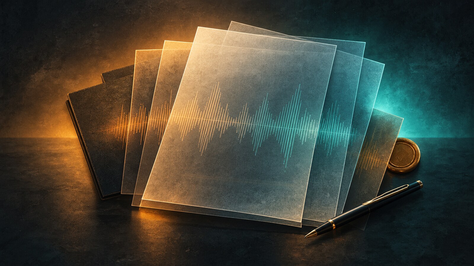 Editorial illustration of several translucent contract pages fanned in a stack on a dark surface, faint audio waveform ridges embossed across them, a pen and a wax seal beside them, lit from behind in amber and teal