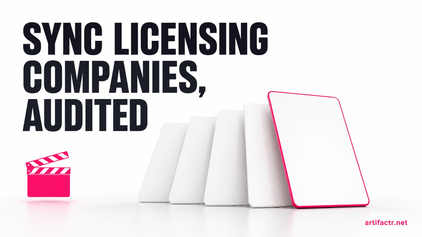 A fan of contract cards with one highlighted in pink beside a film clapper glyph, representing sync licensing companies compared