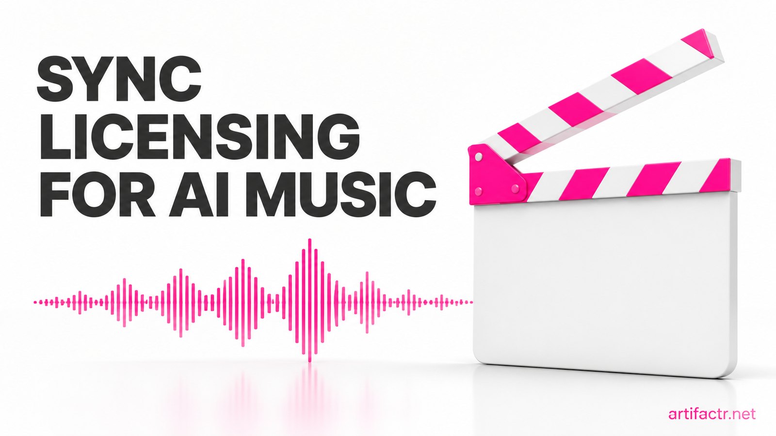 A film clapperboard beside an audio waveform, representing music sync licensing for film, television and advertising