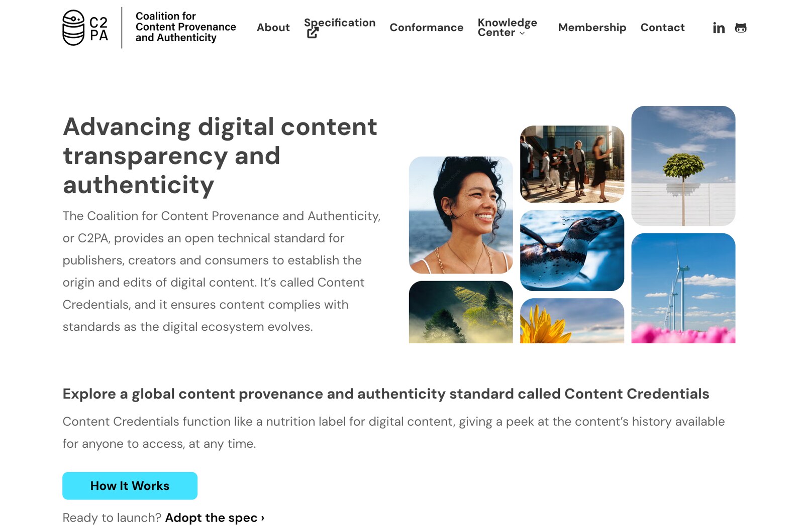 Homepage of the Coalition for Content Provenance and Authenticity, c2pa.org, describing Content Credentials as an open technical standard for establishing the origin and edits of digital content