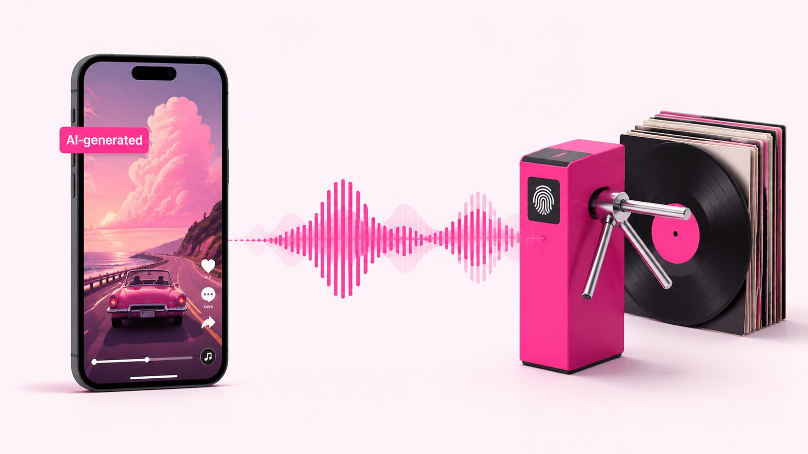 A smartphone showing a short video tagged AI-generated while an unlabelled audio waveform passes through a closed pink turnstile marked with a fingerprint, in front of a stack of vinyl records