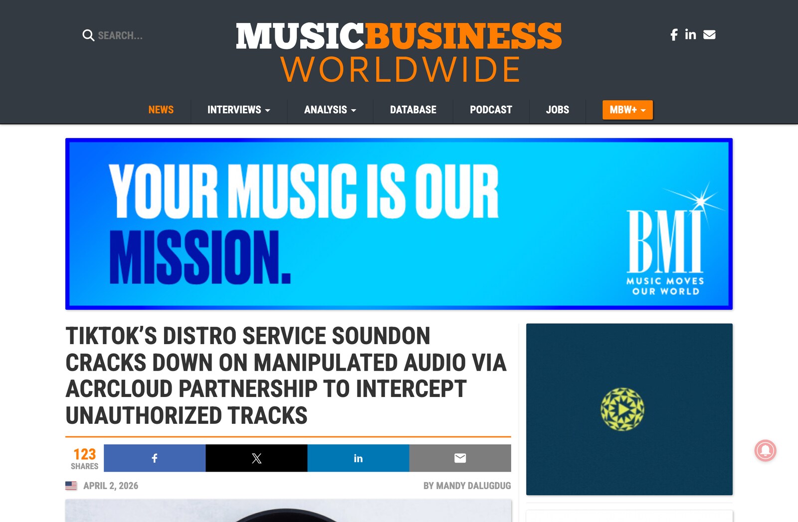 Music Business Worldwide article dated 2 April 2026 headlined TikTok's distro service SoundOn cracks down on manipulated audio via ACRCloud partnership to intercept unauthorized tracks
