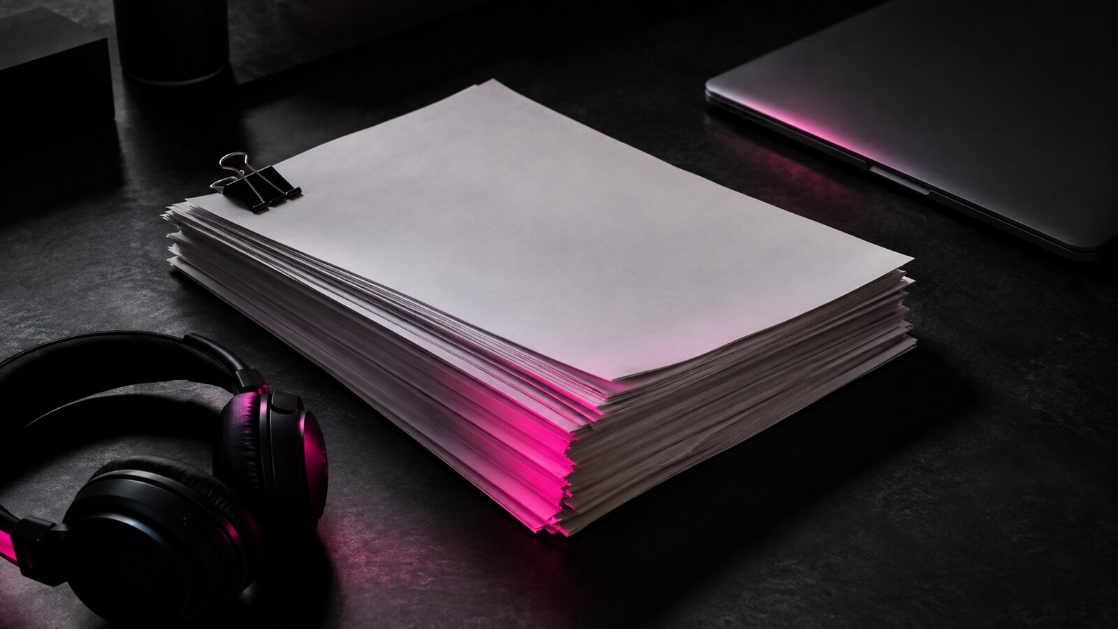 A thick clipped stack of court filing papers on a dark desk under hard directional light, a hot pink glow raking across the cut edges of the paper, a closed laptop and studio headphones beside it