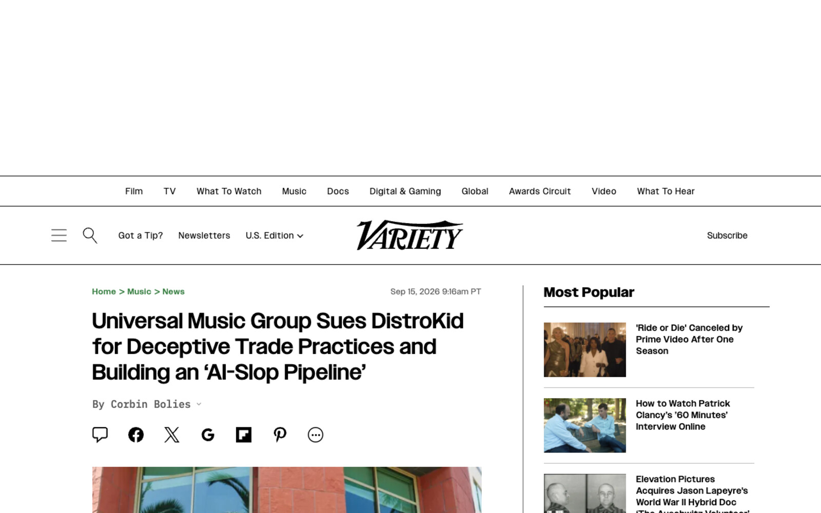 Variety's report of the filing, headlined Universal Music Group Sues DistroKid for Deceptive Trade Practices and Building an AI-Slop Pipeline, bylined Corbin Bolies and dated 15 September 2026 at 9:16am PT