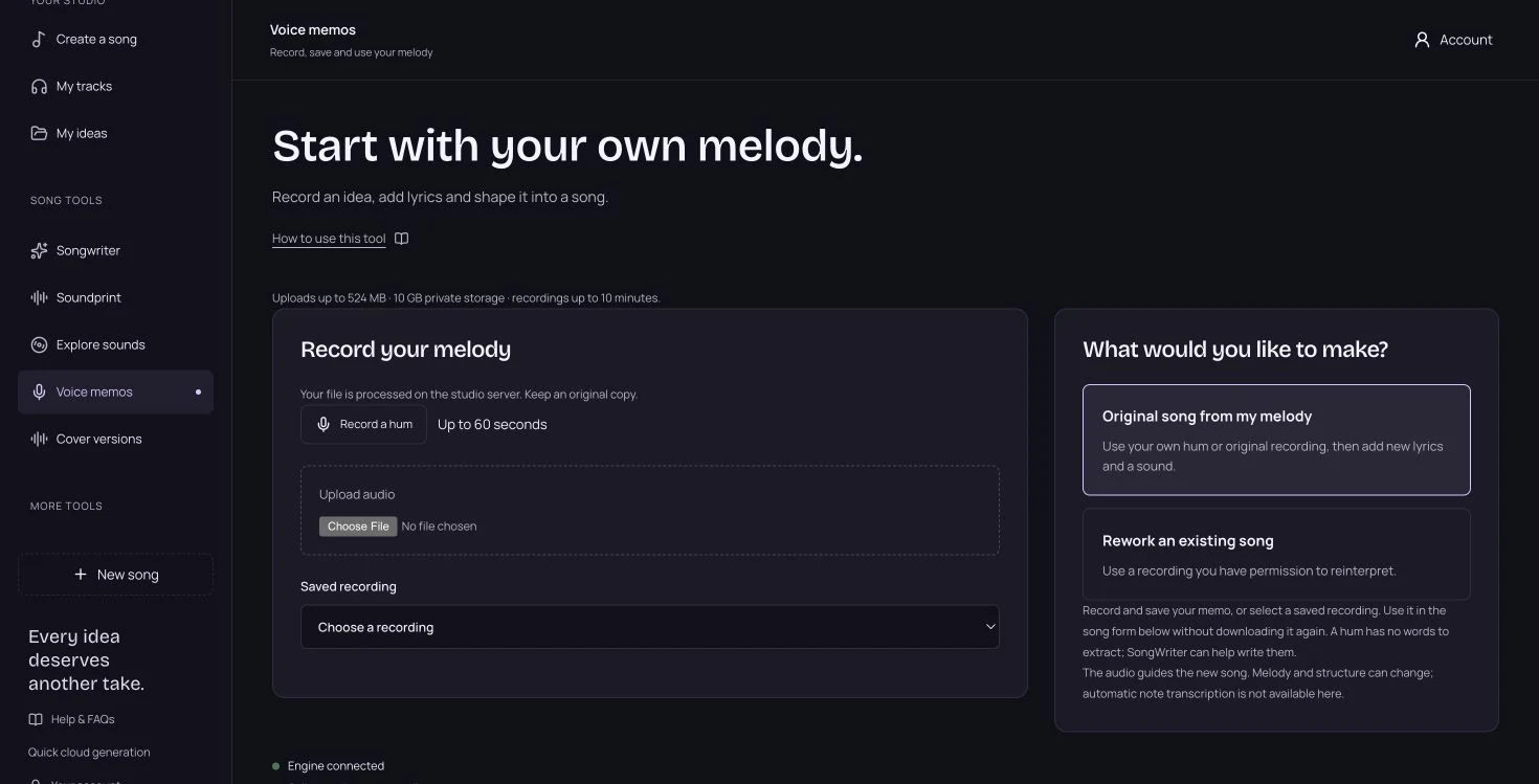 The authenticated Voice memos screen includes Record a hum, Upload audio and a saved-recording selector.