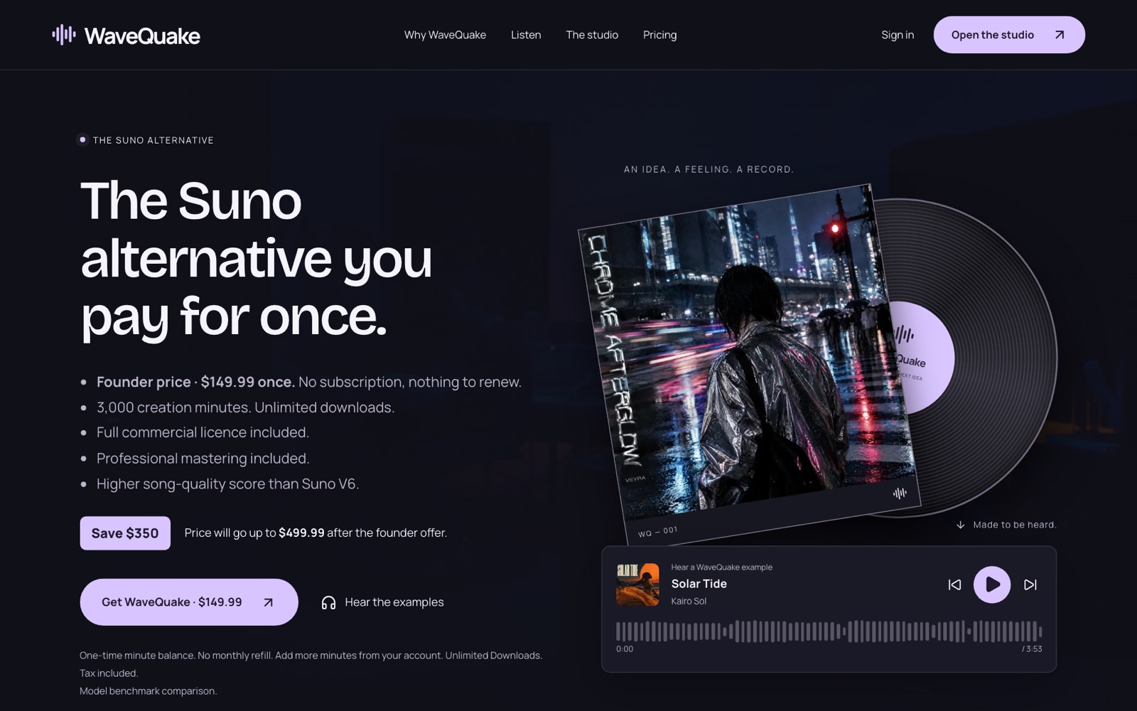 WaveQuake homepage showing the $149.99 founder price and its Suno alternative headline