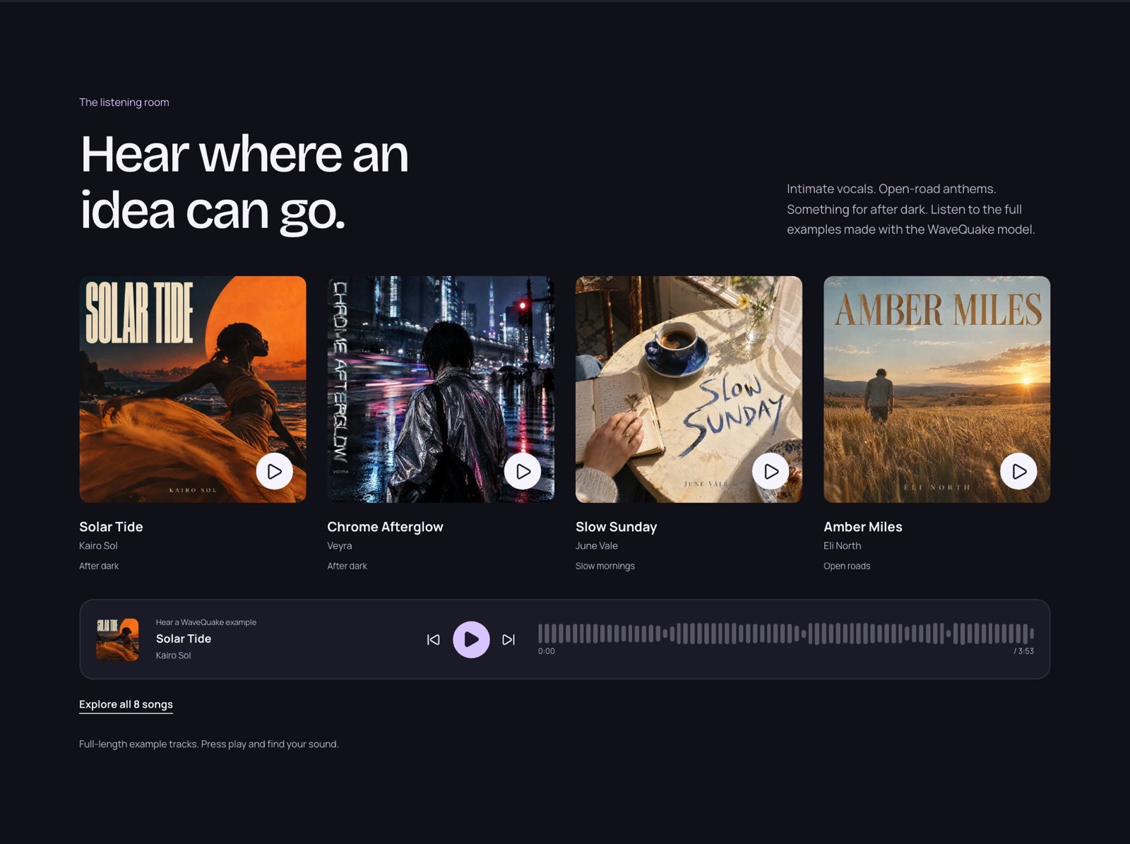WaveQuake listening room with four featured example songs